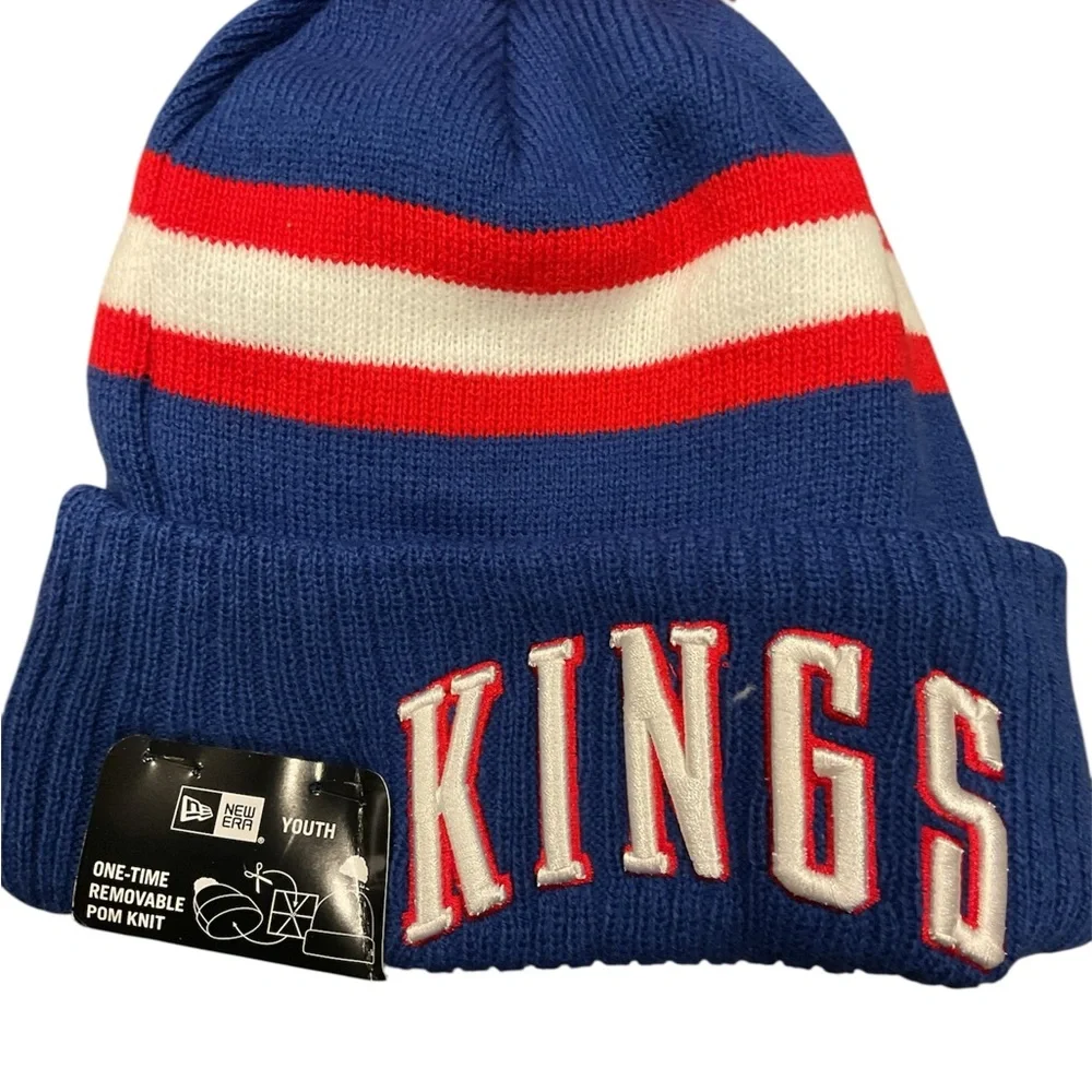 New Era Sacramento Kings Youth NBA Knit Beanie Blue Red Removable Pom Hat NEW